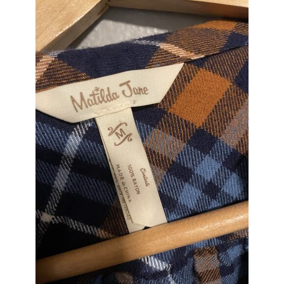 Matilda Jane Womens General Store Tunic Medium Blue Orange Plaid Rayon Button Up - Picture 3 of 7
